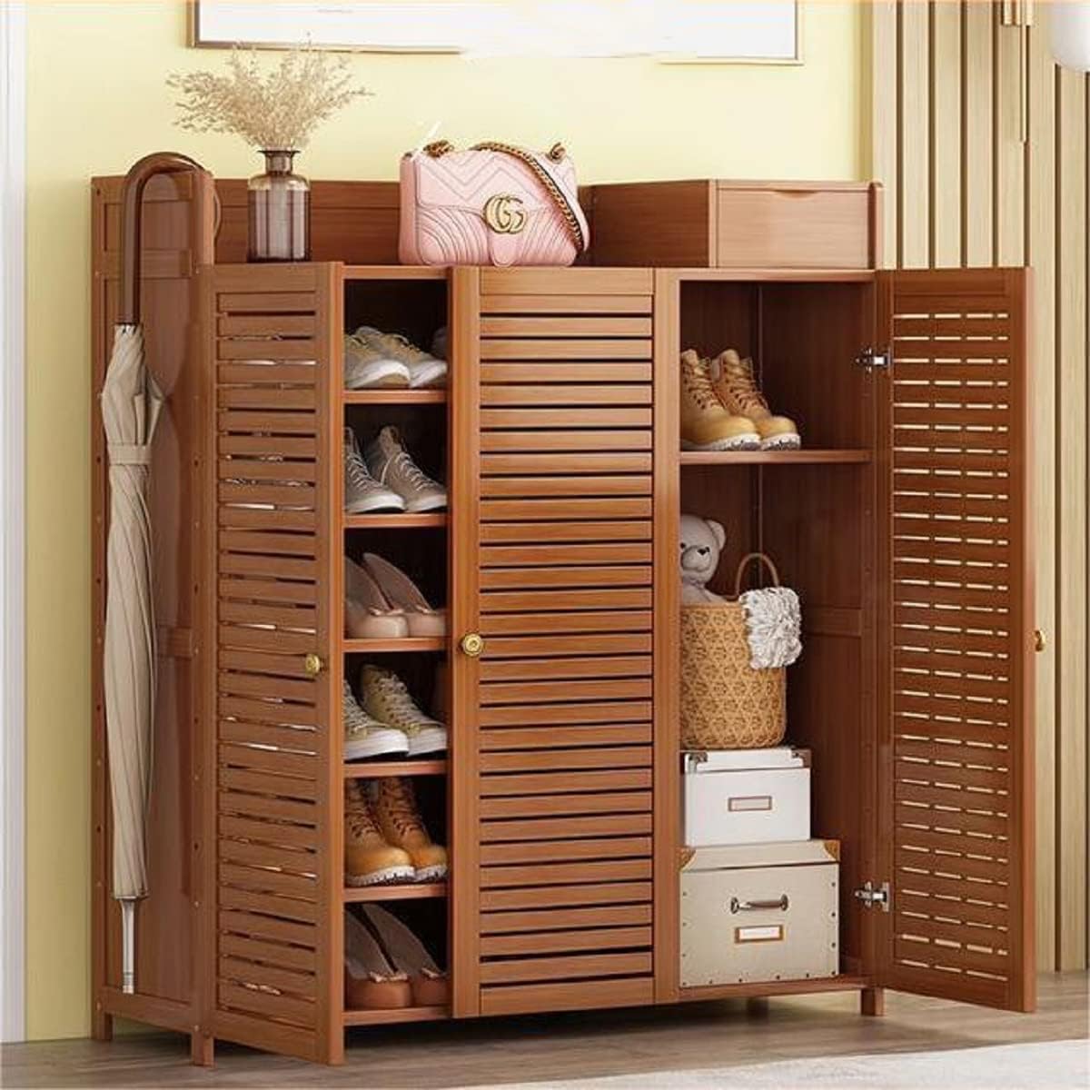 Gdrasuya10 Bamboo Entryway Shoe Storage Cabinets, 7 Tier Freestanding Shoe Cabinet Rack Organizers with Doors Space Saving for Shoes Slippers Boots Sneakers Large Capacity