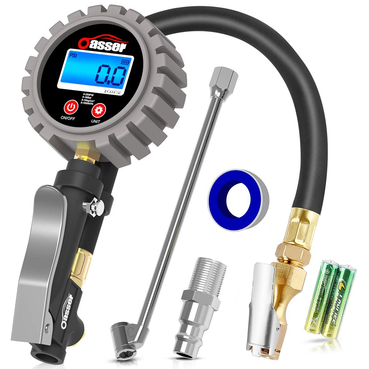 Oasser Tire Inflator with Gauge Tire Pressure Gauge Inflator 255PSI Air Compressor Accessories with Brass Air Chuck Dual Head Air Chuck 1/4" NPT Digital Backlit LCD P5