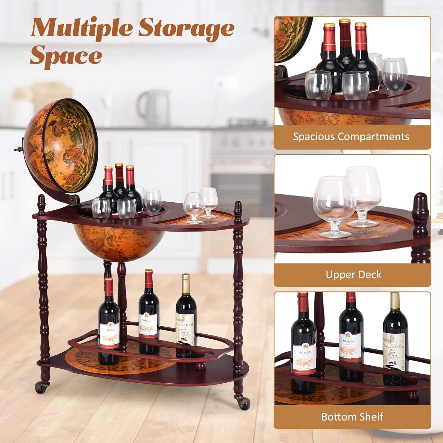 Globe Bar, 34.5’’ Wine Bar Cart with Wheels, 2 Storage Shelves & Old World Map, 16th Century Italian Replica Globe Liquor Cabinet, Wood Bar Stand for Dining Room Living Room Home