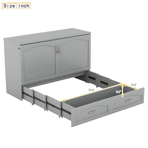 Convertible Murphy Bed 2-In-1 Wall Bed Solid Wood Murphy Cube Bed w/Drawer&Sockets/USB Ports for Teen Adult, Folding Storage Chest Bed Platform Bed Frame w/Headboard for Home Office Dorm (Queen,Grey)