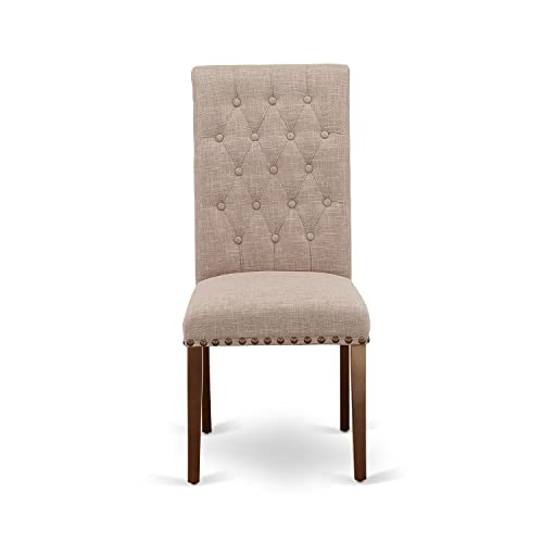 East West Furniture BRP2T02 Parsons Dining Button Tufted Nailhead Trim Light Beige Fabric Upholstered Chairs, Set of 2, Linen White