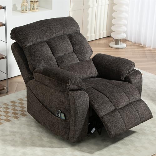 Light Grey Recliner Chair for Elderly | Tall and Big Man 400lbs | Chenille | Power Lift, Lay Flat, Stand Up, Wireless Charging Device, Extended Footrest, Massage Heat, Cup Holder, Lumbar Pillow