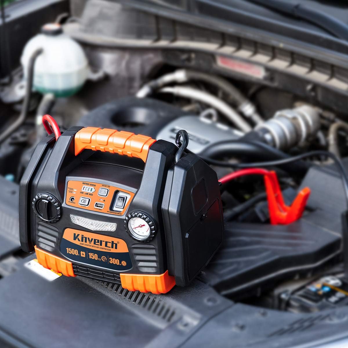 Kinverch Portable Car Jump Starter 1000 Peak Amp 12-Volt with 1-USB 1-12V Power Ports & 150 PSI Air Compressor