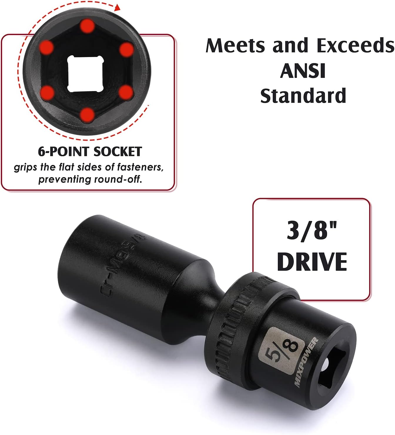 MIXPOWER 10-piece 3/8" Drive Shallow Universal Impact Socket Set, Metric,10-19mm, Swivel Socket with Flexible Wobble, CR-MO