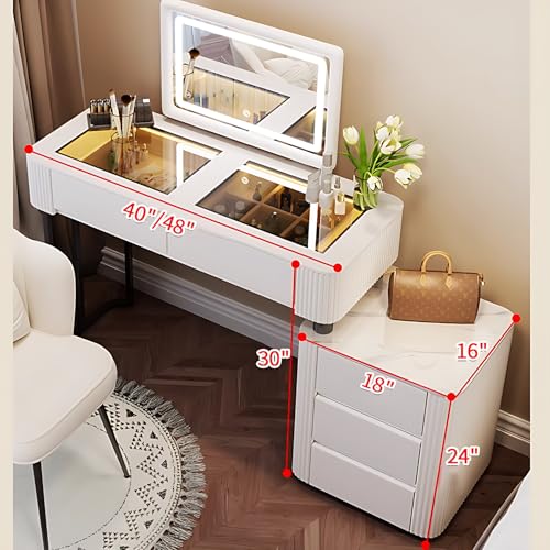 Vanity Table with Drawers - Fashion Vanity Table Set | LED Makeup Mirror & Chair Included | Solid Wood Bedroom Vanity | Atmosphere Light Design | New Makeup Experience (White, 40")