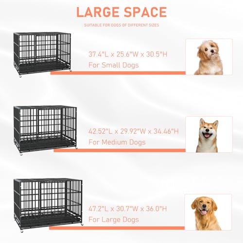 LEMBERI 48/38 inch Heavy Duty Indestructible Dog Crate, Escape Proof Dogs Cage Kennel with Lockable Wheels,High Anxiety Double Door Kennel,Extra Large Crate Indoor for Large Dog with Removable Tray