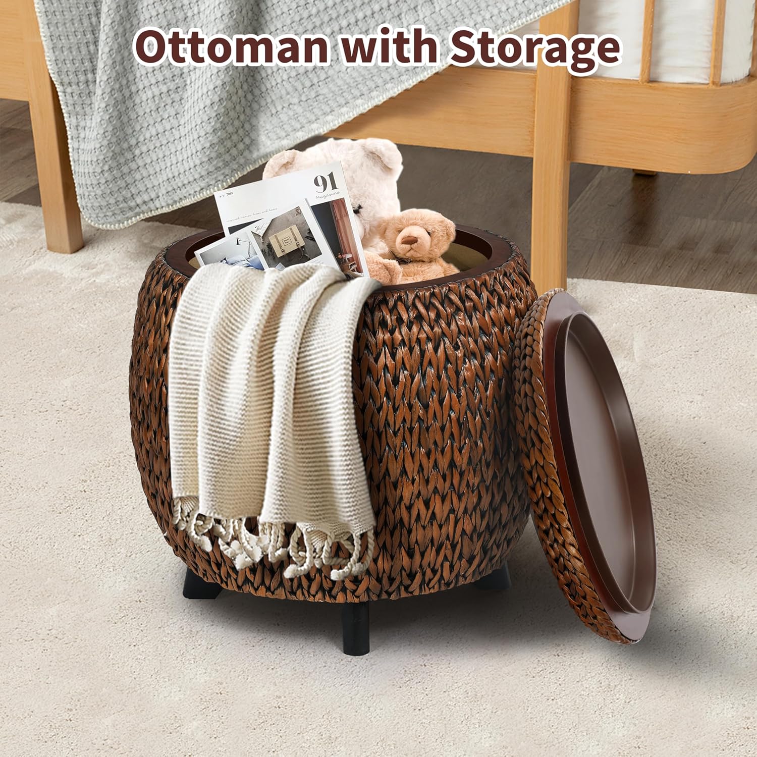 Round Sides Storage Ottoman Coffee Table,Ratten Swiveling Ottoman Bench, Bed Storage Trunk, Storage Basket,Side Table with Banana Leaf for Living Room,Hand Woven,Golden