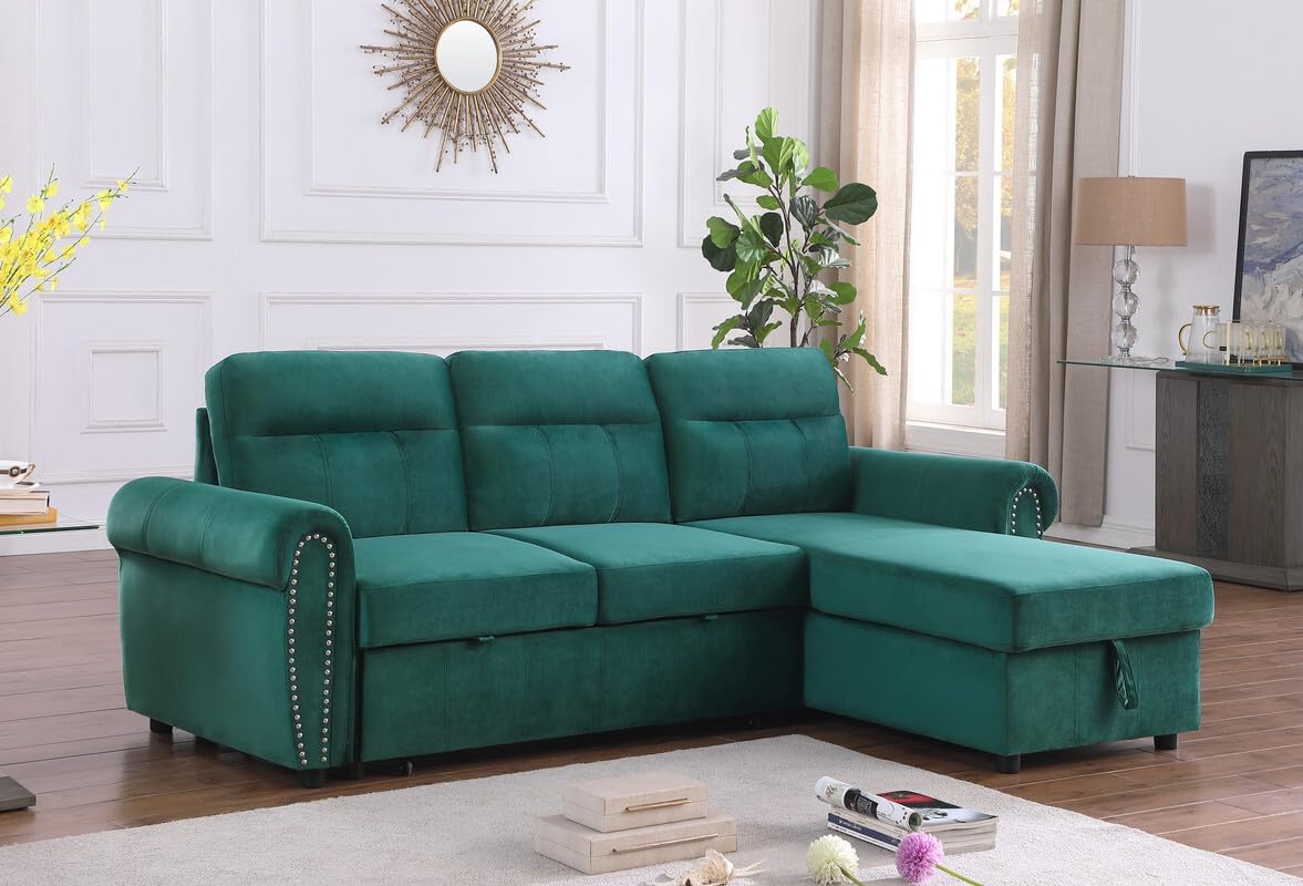 96Inch Convertible L Shaped Sleeper Sectional Sofa Velvet with Storage Chaise, Pull Out Bed,Reversible Corner Couch Design, Green