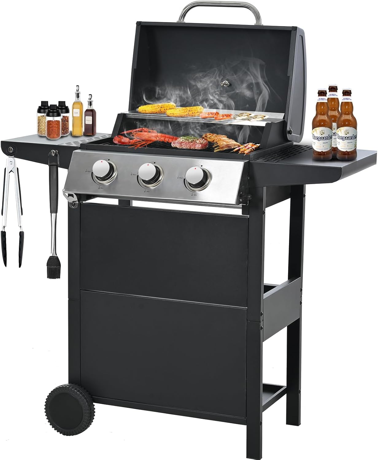 Gas Grill with 2 Side Shelves, Outdoor Patio 3 Burner Propane BBQ Grill with 2 Wheels, Lid and Bottle Opener, 30,000 BTU Stainless Steel Grill for Camping RV Backyard Barbecue Picnic, Black