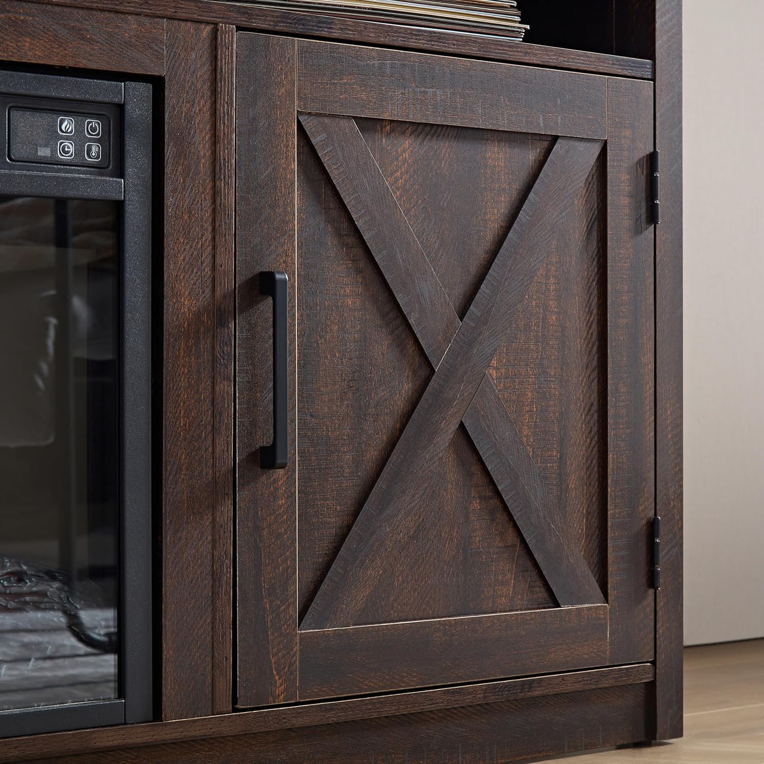 CHARMMA Farmhouse TV Media Stand, Large Barn Inspired Home Entertainment Console, with 18" Fireplace Insert, for TV Up to 65", with Open Shelves and Closed Cabinets, Espresso 57.87 * 15.75 * 30.31