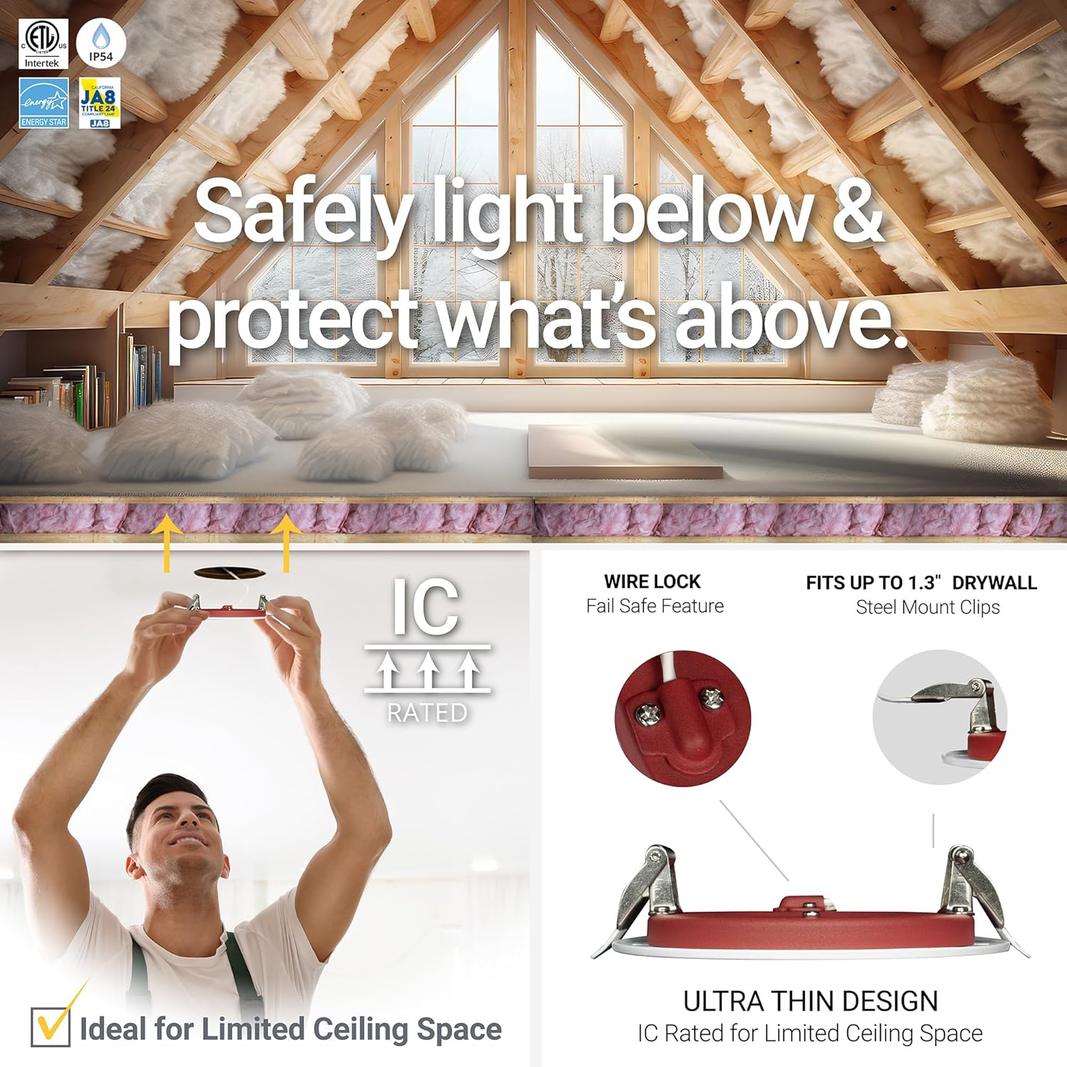 NUWATT 4 Inch 2 HOUR FIRE RATED Baffle LED Recessed Lighting, 27K/30K/35K/40K/50K 5CT Selectable, Dimmable, 900LM, IC Rated, 4in Anti-Glare Wafer Lights, Wet Rated Downlight, No Tenmat Needed. 6 Pack