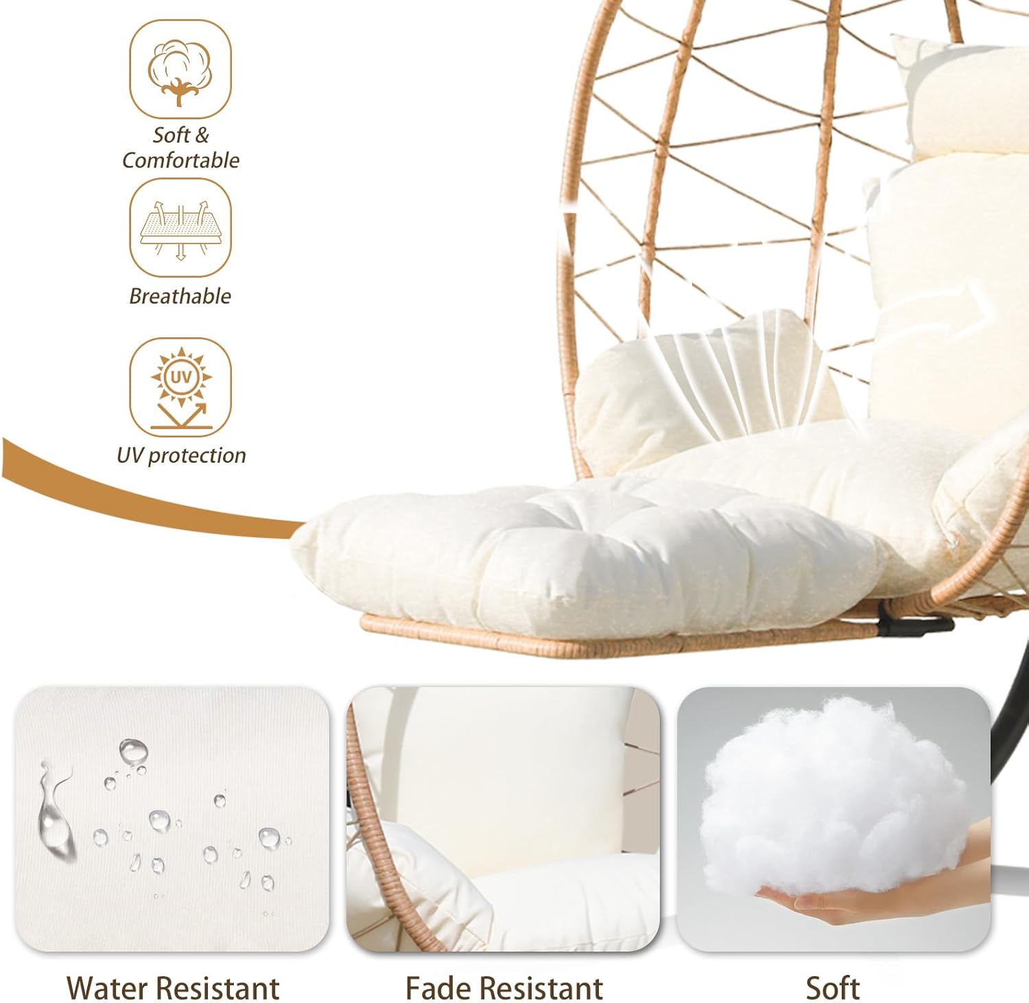 Hanging Egg Chair with Stand Indoor Swinging Chair Outdoor Hammock Egg Chair for Patio, Bedroom, Garden and Balcony (Single with Leg support Milky White, Small)
