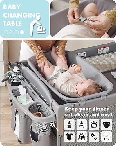 Baby 4 in 1 Bassinet Bedside Sleeper, 4 Functions Bedside Crib Sleeper, Playard, Changing Table, Baby Bassinet for Newborn Baby, Bedside Bassinet for Baby Portable Changing Table
