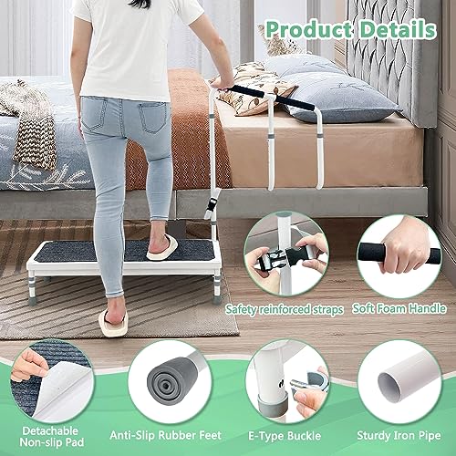 Bed Step Stool with Rail for High Beds Adults Elderly Bedside Assist Step Up Foot Stool with Handle Medical Bed Stairs Helper Stepping Stool with Handrail Bed Railing Handicap Wide Step Ramp - 400lb