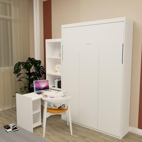 Full Size Vertical Murphy Bed with Shelf and Drawers for Bedroom or Guestroom White Wall Bed Space Saving Hidden Bed Gas Struts (White)