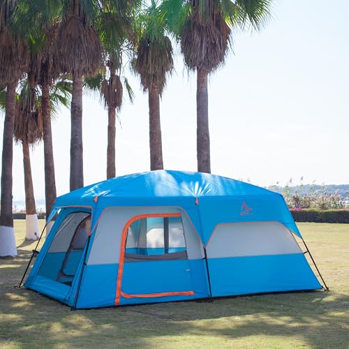 KTT Extra Large Tent 10-12-14 Person(Style-B),Family Cabin Tents,2 Rooms,3 Doors and 3 Windows with Mesh,Straight Wall,Waterproof,Double Layer,Big Tent for Outdoor,Picnic,Camping,Family Gathering
