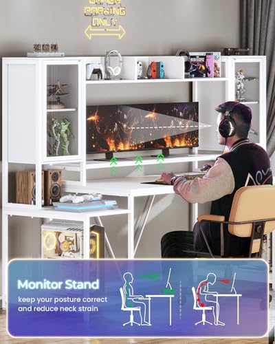 SEDETA Gaming Desk 74.8'' with LED Lights, Hutch and Storage Shelves, Computer Desk with Monitor Stand, Large PC Gamer Desk Workstation, Ergonomic Gaming Table for Bedroom, Living Room, Black