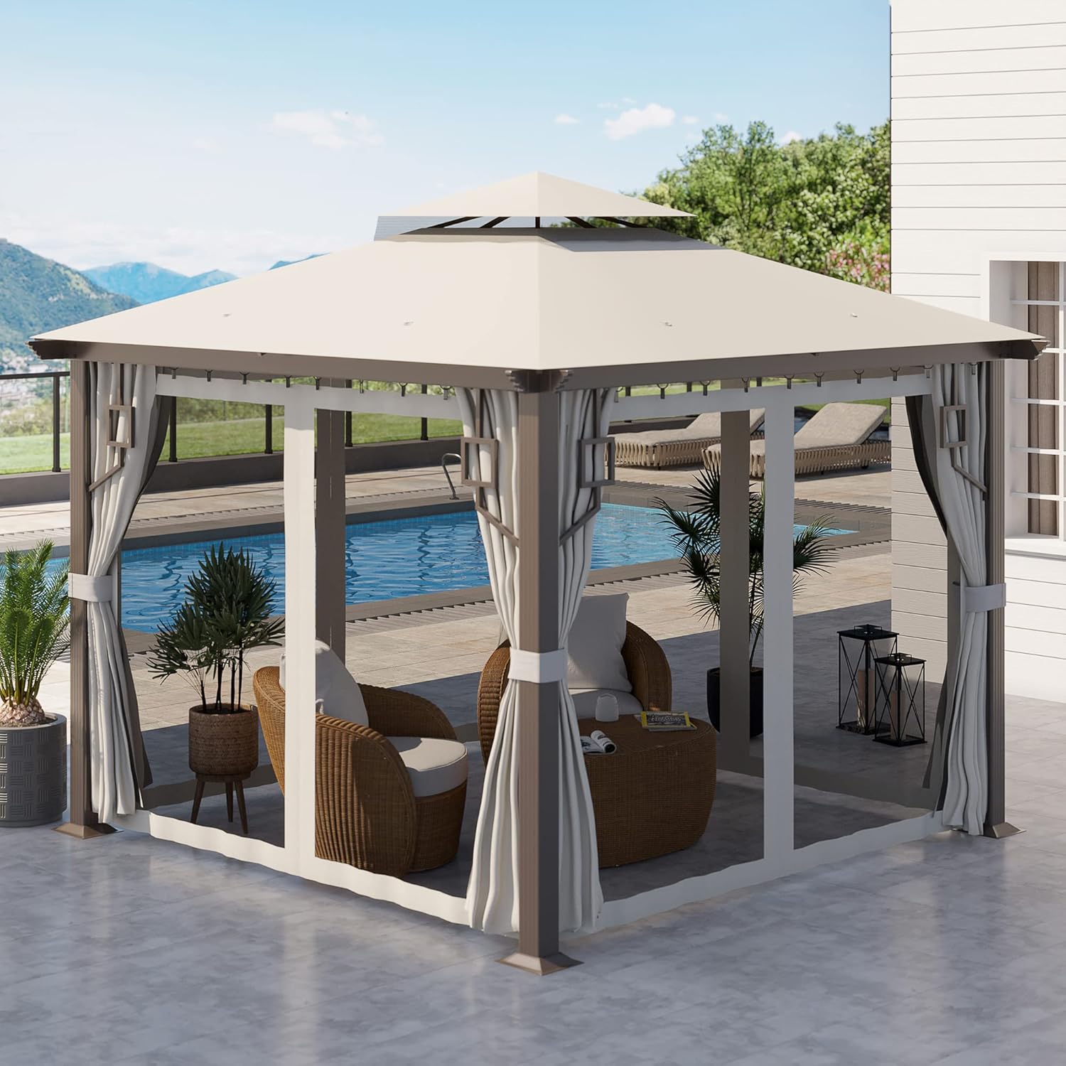 Outsunny 10' x 10' Patio Gazebo, Double Roof Outdoor Gazebo with Privacy Curtains, Mesh Netting, Aluminum Frame Outdoor Canopy Shelter, Cream White