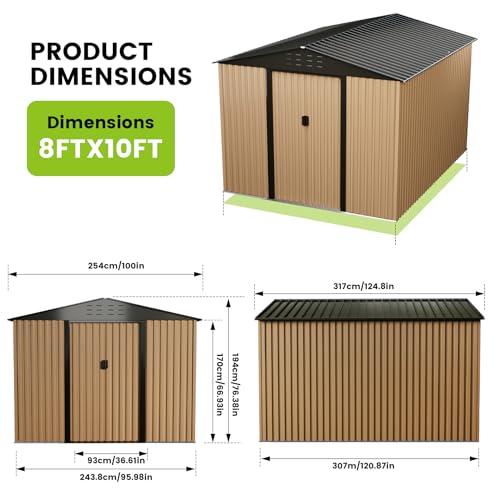 Outdoor Storage Shed, 8 x 6 FT Metal Storage Shed, Metal Garden Tool Shed with Roof, Door & Lock, Waterproof and Anti-UV, for Patio Garden Yard, Brown