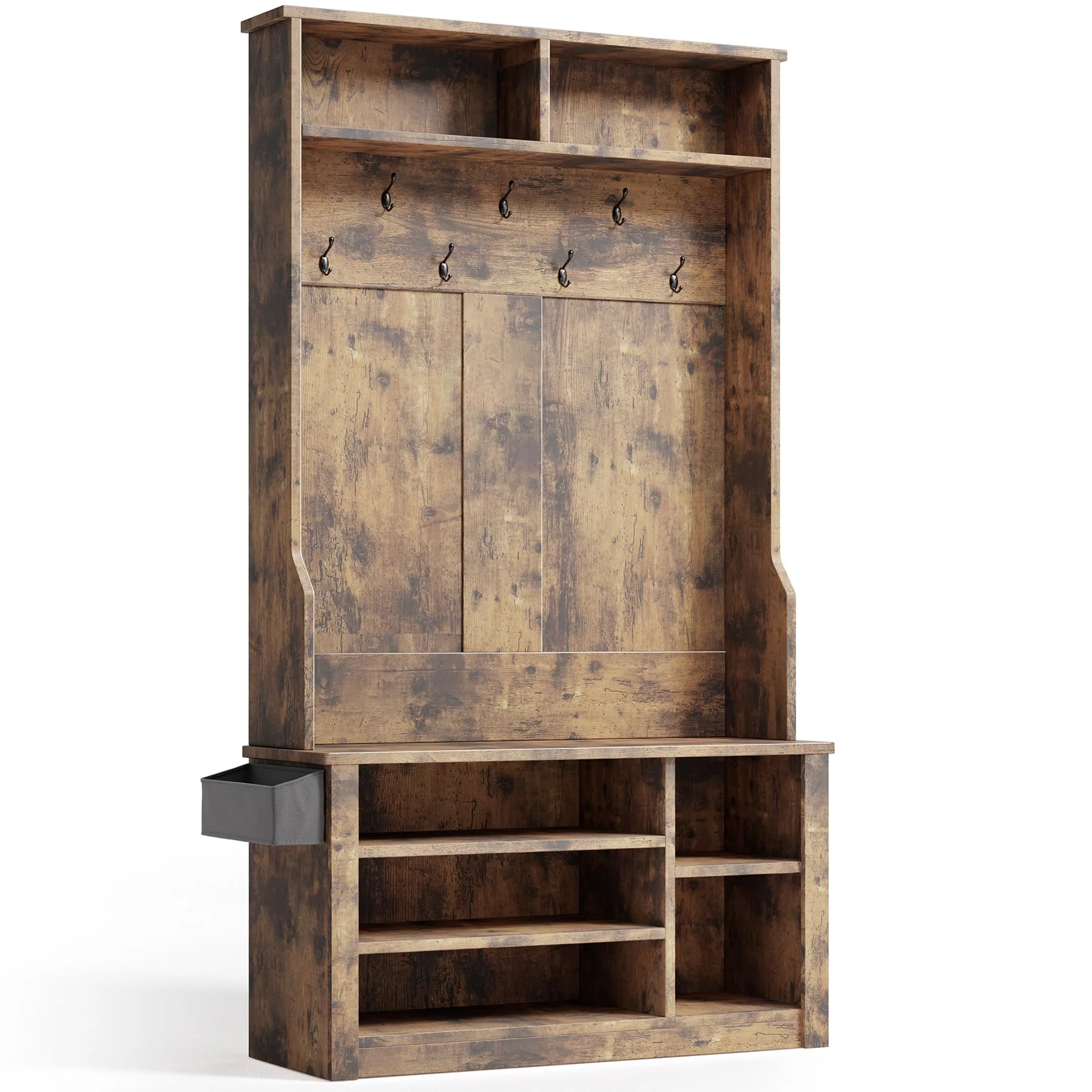 Lofka 5-in-1 Hall Tree with Bench and Shoe Storage, Entryway Hall Tree with Coat Rack, Adjustable Shoe Storage, 2-tier top storage, Rustic Brown