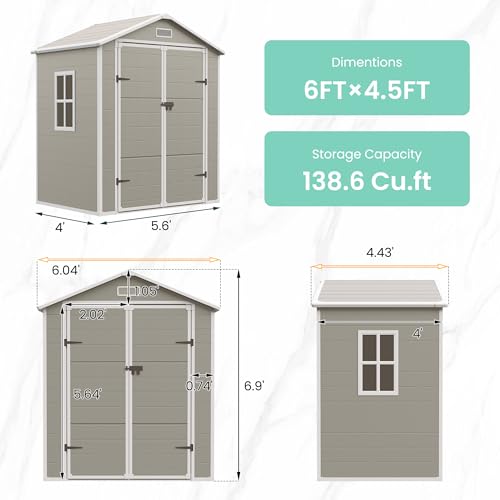 UDPATIO Outdoor Resin Storage Shed 6x4.5 FT, Plastic Garden Shed for Bike, Garbage Can, Tool, Outside Sheds with Lockable Door for Backyard, Patio, Lawn, Grey & White