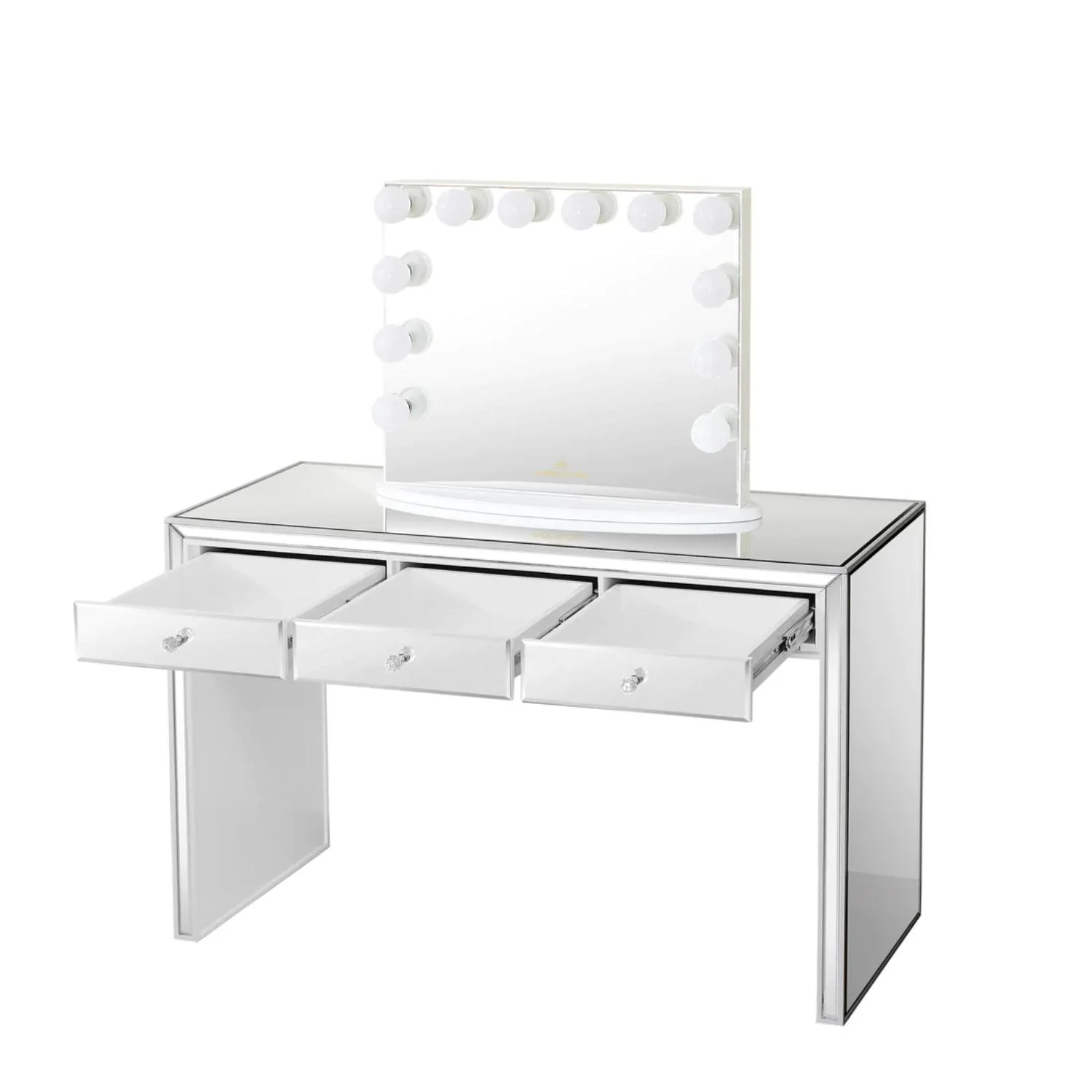 Impressions Vanity Leah Mirrored Vanity Table with 3 Pull Out Storage Drawers (White)