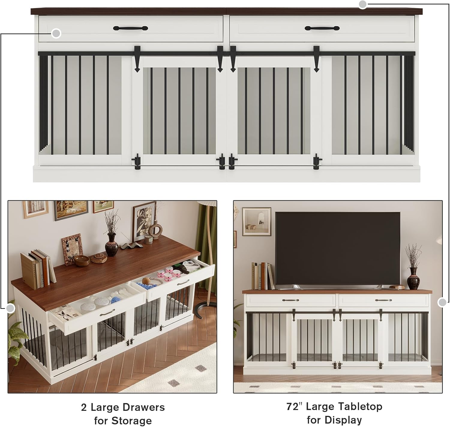 Dog Crate Furniture - Farmhouse Indoor Wooden Dog Kennel with Sliding Barn Doors, Room Divider and 2 Drawer, 72”L x 23.6”W x 31.5”H, White