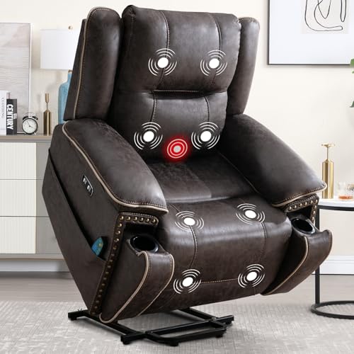 Phoenix Home Dual Motor Power Lift Chair for Elderly, Lift Chairs with Massage and Heat, Leather Electric Chairs for Adults, Recliner Chair with USB, 2 Concealed Cup Holders, Brown