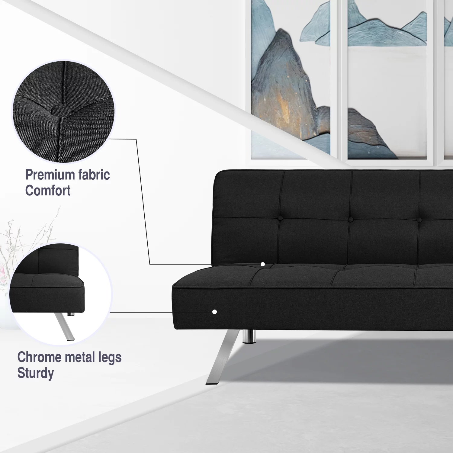 Vineego Modern Convertible Fabric Futon Sofa Bed, Black