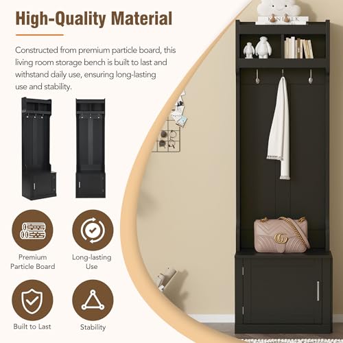 Narrow Hall Tree with Shoe Storage Bench, Mudroom Storage Cabinet with 6 Hanging Hooks, Wooden Storage Bench with Coat Rack, Foyer Cabinet for Hallway, Living room, White