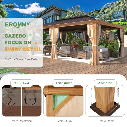 EROMMY 14'x20' Hardtop Gazebo Double Roof Galvanized Steel Canopy Outdoor Aluminum Frame Permanent Metal Pavilion with Netting and Curtains for Patio Backyard Deck and Lawns