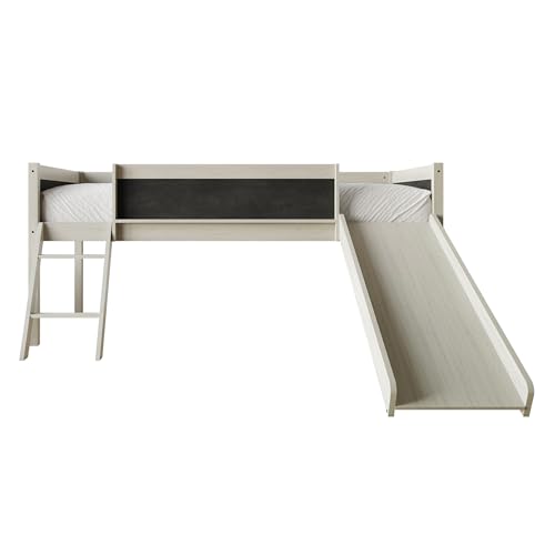 Low Loft Bed with Slide, Climbing Ladder, Chalkboard, Wood Twin Loft Bed Frame with Guardrail for Kids Toddler Boys Girls, Antique Gray