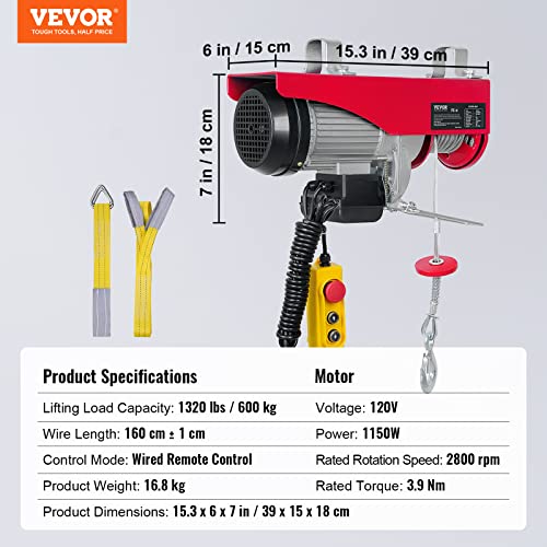 VEVOR Electric Hoist, 2200 lbs Lifting Capacity, 1600W 110V Electric Steel Wire Winch with Wireless Remote Control, 40ft Single Cable Lifting Height & Pure Copper Motor, for Garage Warehouse Factory