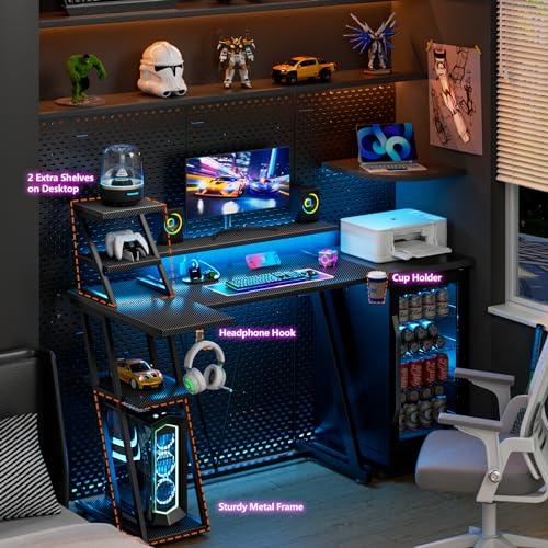L Shaped Gaming Desk with LED Lights & Power Outlet, 47 Inch Computer Desk with Extra Storage Shelves, Reversible Gamer Workstations with Monitor Stand for Bedroom, Carbon Fiber Black
