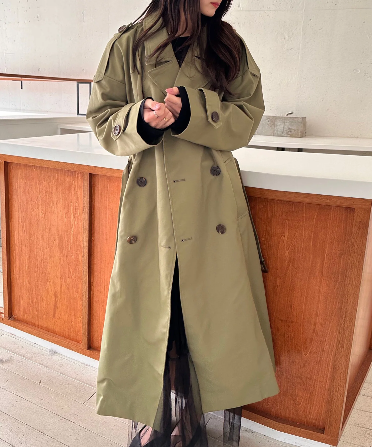 【SETUP7】Outer Trench Coat Double-Breasted Oversized Trench Big Silhouette Long Length Pocket Long Sleeve Spring Coat