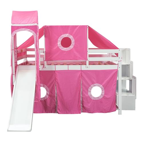 House Full Loft Bed with Slide,Storage Stairs and Tent, Wood Kids Loft Bunk Bed with Tower and Ladders, Playhouse Full Bed Frame for Kids, Teens, Boys & Girls (Full, Dark Blue)