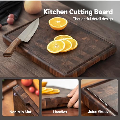 Muso Wood Large End Grain Cutting Borad 20x14 In, Checkered Cutting Board with Feet, Made from Walnut Wood, Chopping Board For Kitchen with Juice Groove Handles