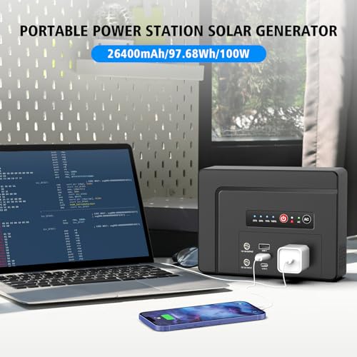 Powkey Solar Generator with Panel, Portable Power Station with Solar Panel, 110V Pure Sine Wave DC/USB/AC Outlet Electric Generator Battery Backup for Outdoor Camping Emergency Home Use