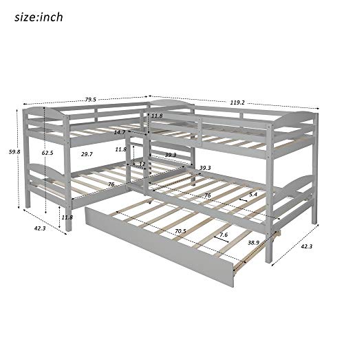 Four Bunk Bed Twin-Over-Twin-Over-Twin-Over-Twin L Shaped Bunk Bed with Trundle, Bunk Bed Can be Divided into 2 L-Shaped Beds for Accommodating 5, Family, Teens, No Box Spring Needed