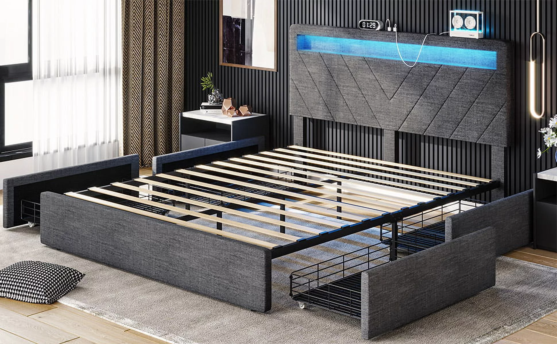 Queen Bed Frame with 4 Storage Drawers and 2 USB Charging Station, Upholstered Platform Bed Frame with LED Headboard,Dark Grey