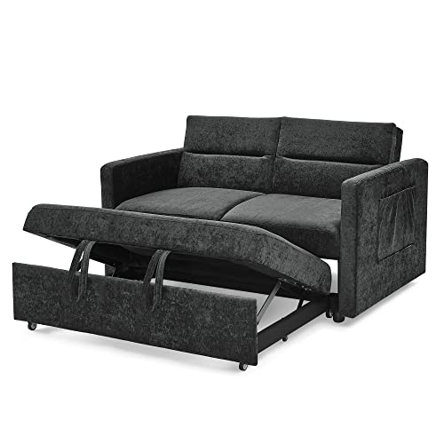Couch with Adjustable Back and Two Arm Pocket Chenille Fabric Convertible Sofa, Sleeper Bed for Living Room Apartment Lounge, Grey