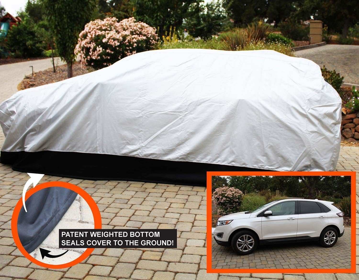 CoverSeal Heavy Duty Outdoor Car Cover with Patented Weighted Ground Conforming Apron Seal - All Weather Waterproof Car Cover for Automobiles - Full Size 230 L x 70-75 W x 73 H inch Max