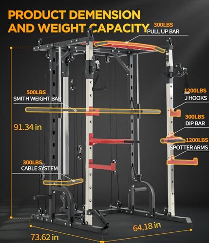 Smith Machine Home Gym with Cable Crossover, All-in-ONE Trainer Power Cage Smith for Strength Training