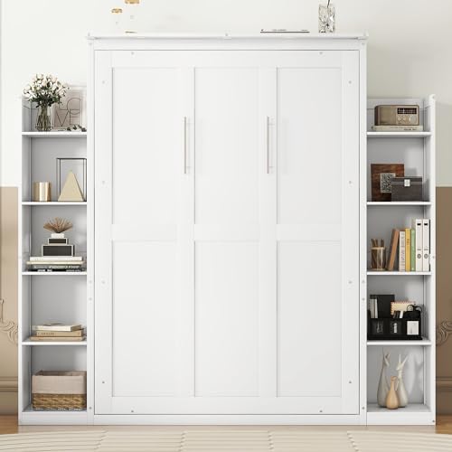 Full Size Murphy Bed, Wood Wall Bed Cabinet Bed with Wall Shelves and LED Lights, Modern Murphy Bed Frame, Foldable Platform, for Guest Room, Office, Apartment, White