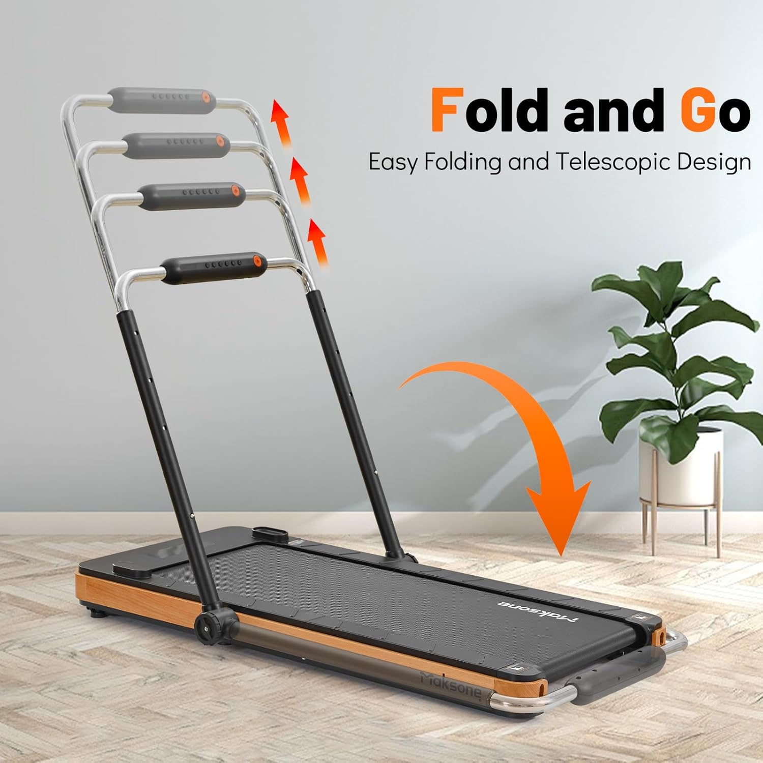 Maksone Folding Walking Pad, Wood Under Desk Treadmill with Adjustable Handlebar, Foldable Treadmill with Remote Control, Installation-Free