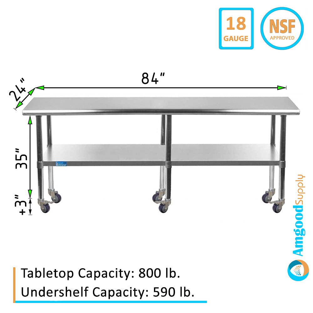 AmGood 18 x 48 Stainless Steel Work Table with Casters | Heavy Duty Metal Utility Table On Wheels | Kitchen Island Cart