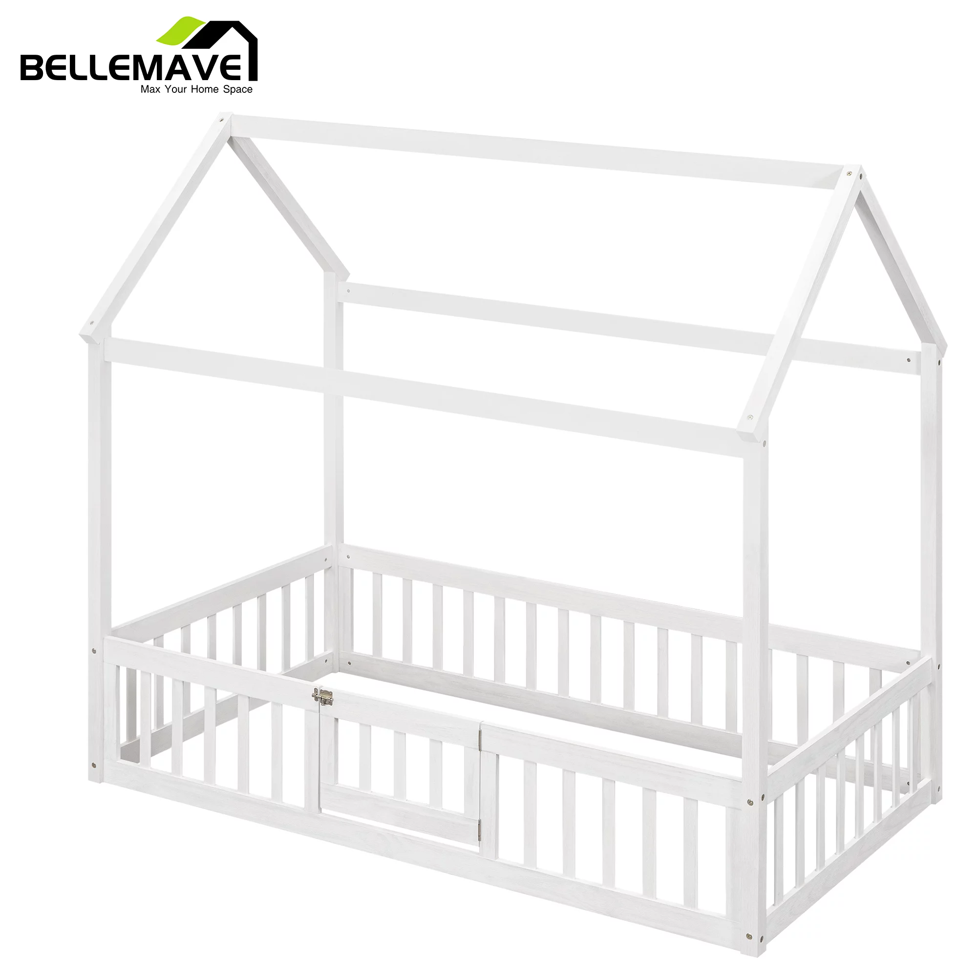 Montessori Bed/Twin House Floor Bed for Toddlers, Kids Girls, Boys,Montessori Floor Bed with Rails and Door,Toddler House Bed(White)