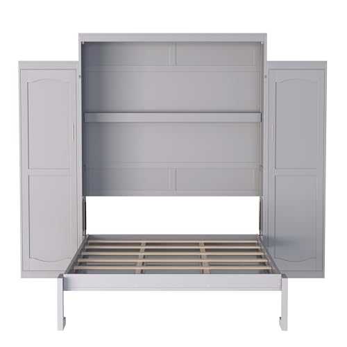 KLMM Wooden Murphy Bed Wall Bed with 2 Wardrobe and Storage Shelf,Foldable Platform Bedframe for Guest-Room Bedroom Study Office Use (White#E, Full)