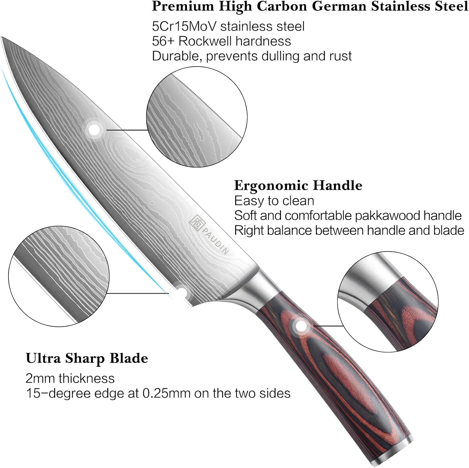 PAUDIN Kitchen Knife Set, Professional Chef Knife Set with Ultra Sharp Blade & Wooden Handle, 3 Pieces German High Carbon Stainless Steel Knife Set