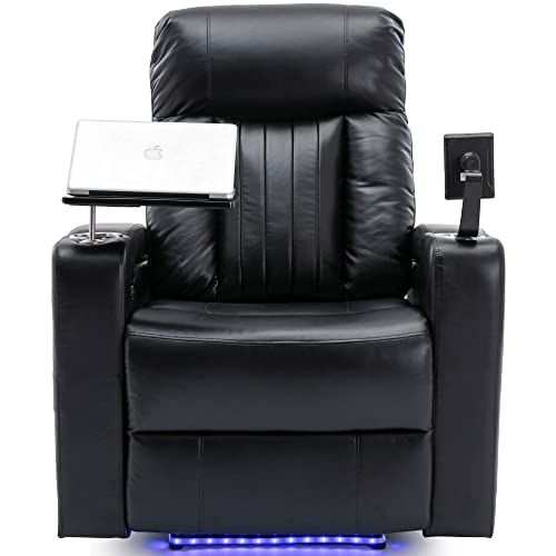 Merax Electric Recliner Chair with USB Charge Port, 360 Swivel Tray Table, Hand in-Arm Storage, and Cup Holders, Ambient Lighting - Ambient Lighting Gaming Recliner Chair Home Theater Seating(Brown)